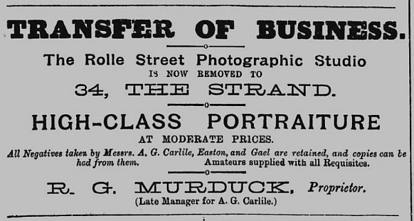R G Murduck's 1st Advert - Late A G Carlile, 34 Strand [Exmouth Journal, 1901 04 20 pg 05]