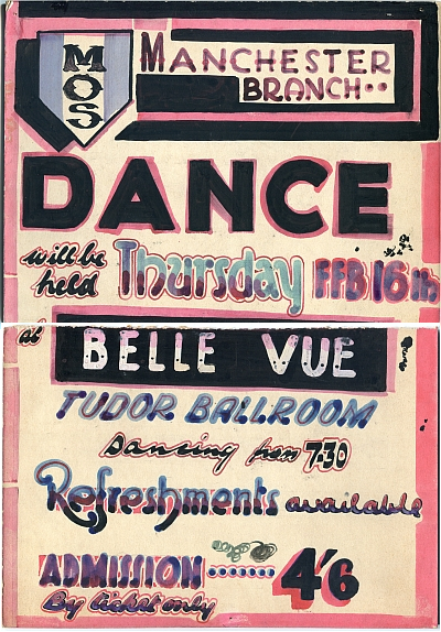 Poster Advertising a Dance in Manchester Thursday 16 February [1950 ?] Used as a Mounting Board for Two of Rawcliffe's Watercolours